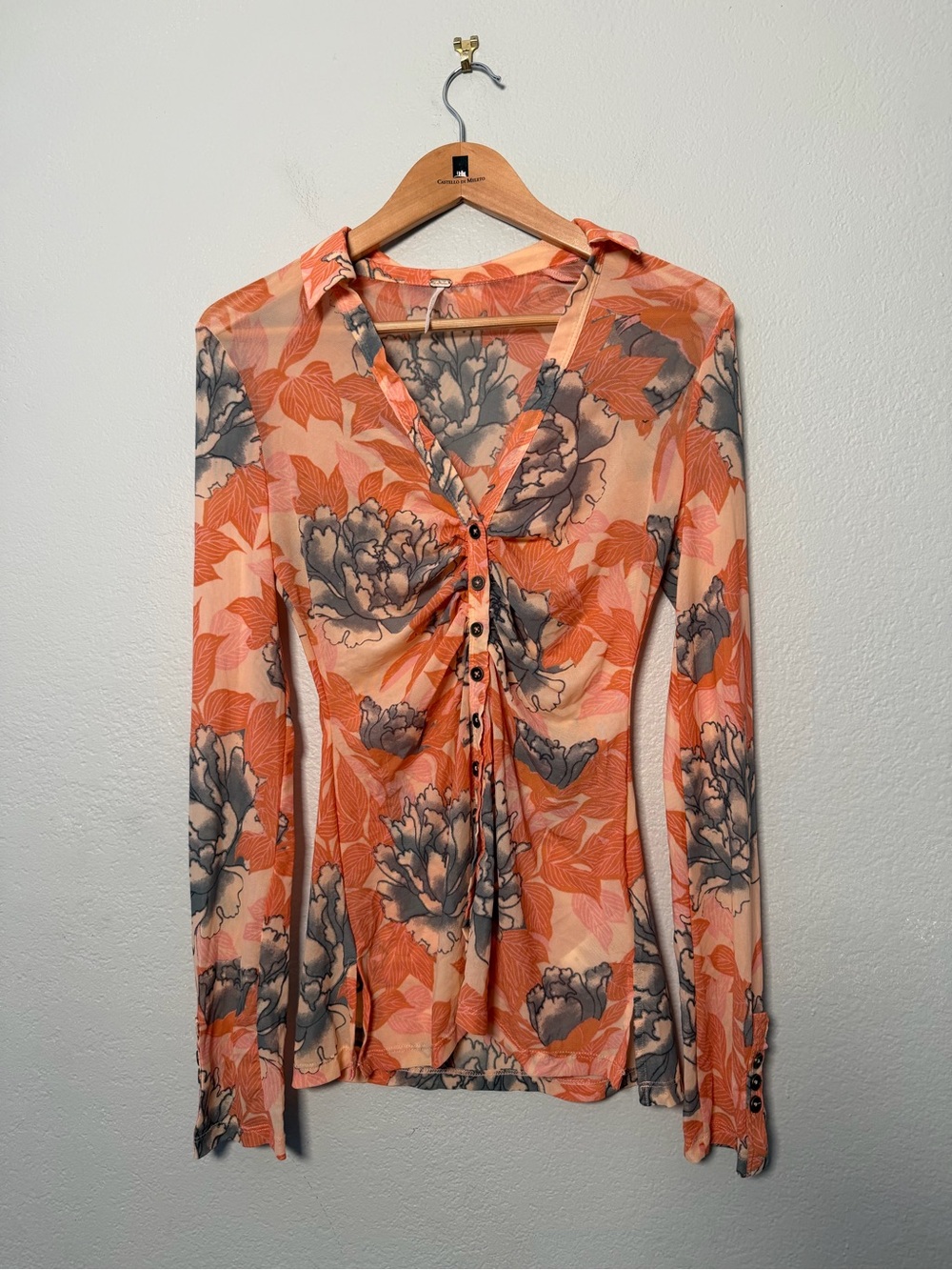 Free People Peach and Gray Sheer Floral Ruched Button-Front Blouse XS